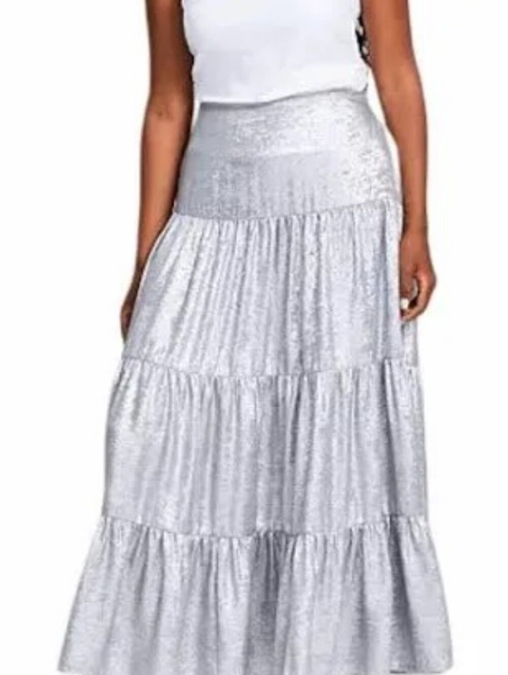 AND NOW THIS SILVER METALLIC TIERED MAXI SKIRT LARGE NEW